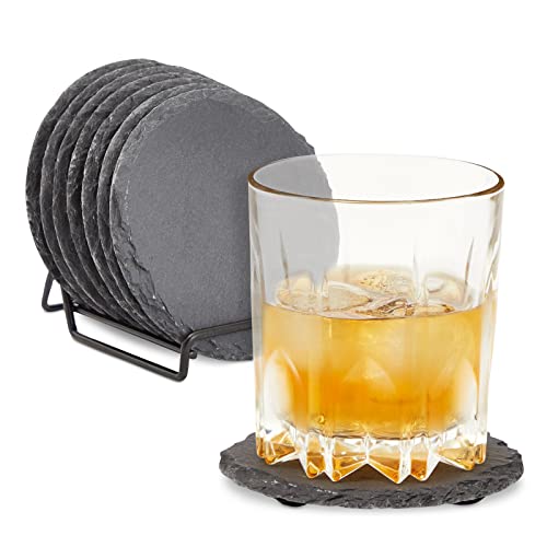 8 Pack Slate Drink Coasters with Holder for Coffee Table, Bar, Kitchen (Black Stone, 3.8 in)