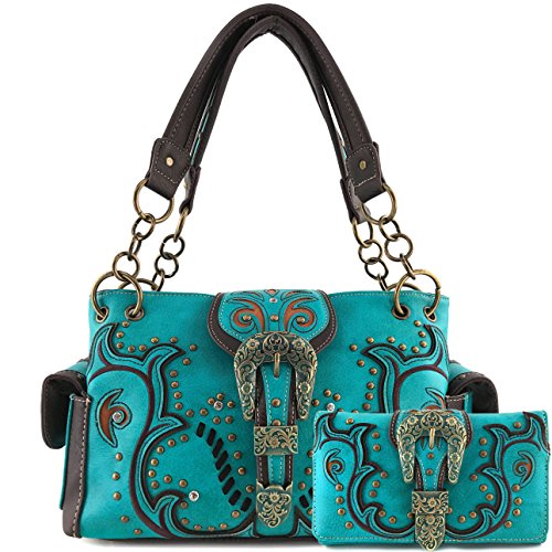Justin West Patina Girl Western Bronze Floral Buckle Handbag Purse Tote and Strap Wallet (Turquoise Handbag and Wallet)