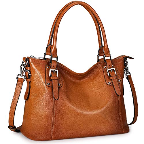 S-ZONE Women’s Vintage Genuine Leather Tote Handbag Large Crossbody Bag Shoulder Purse with Zipper Pocket Outside (Medium-Brown)