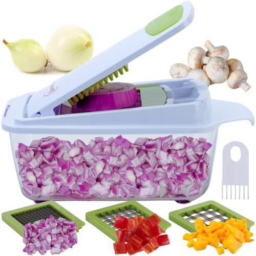 Brieftons QuickPush Food Chopper: Strongest & 200% More Container Capacity, 30% Heavier Duty, Fruit & Vegetable Chopper, Onion Chopper Vegetable Cutter, with 3 Dicer Blades & Keep-Fresh Lid, 5 Ebooks