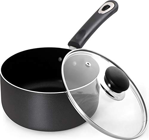 Utopia Kitchen 2 Quart Nonstick Saucepan with Glass Lid – Multipurpose Use for Home Kitchen or Restaurant (Grey-Black)