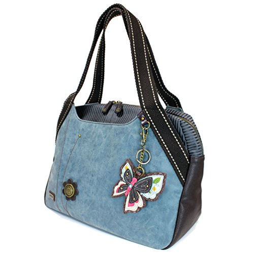 Chala Handbag Bowling Zip Tote BUTTERFLY Large Bag Indigo Blue Pleather