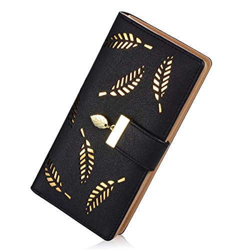 Sweet Cute Chocolate Women’s Long Leaf Bifold Wallet Leather Card Holder Purse Zipper Buckle Elegant Clutch Wallet Handbag for Women – Black
