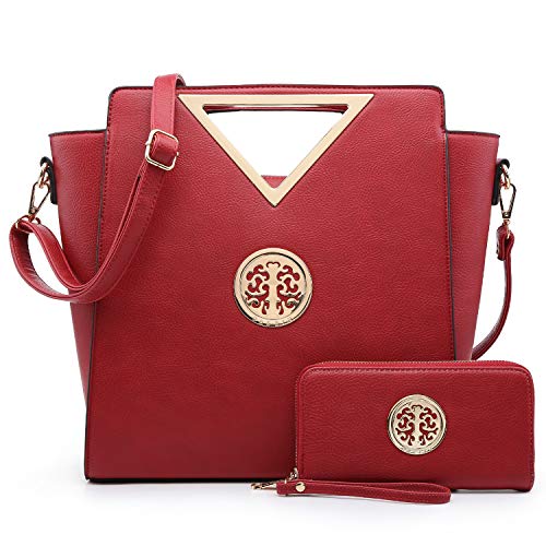 Women Handbag Cut Out Triangle Top Handle Bag Large Fashion Tote Satchel Work Purse (7464 Burgundy + Matching Wallet)