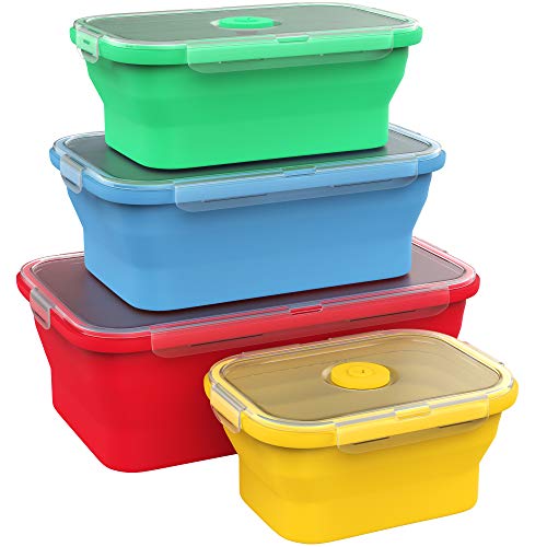 Vremi Silicone Food Storage Containers with BPA Free Airtight Plastic Lids – Set of 4 Small and Large Collapsible Meal Prep Container for Kitchen Lunch Boxes – Microwave and Freezer Safe