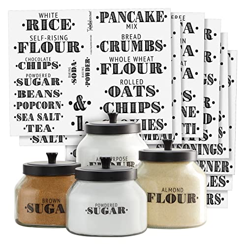 154 Farmhouse Food Storage Labels for Pantry Containers, Preprinted Black on Clear All Caps Household Stickers + Expiration Dates + Numbers for Kitchen Organization Jars (Water Resistant)