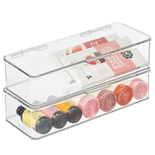 mDesign Long Plastic Kitchen Pantry/Fridge Storage Organizer Box Containers with Hinge Lid for Shelves or Cabinets, Holds Food, Snacks, Seasoning, Condiments, Flatware, Utensils, 2 Pack – Clear