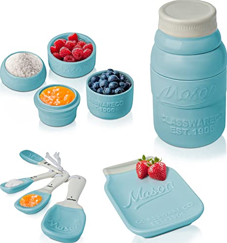 Vintage Mason Jar Ceramic Kitchenware Set by Comfify – Multi-Piece Kitchen Ceramic Décor Set w/ 4 Measuring Cups, 4 Measuring Spoons and Spoon Rest – Attractive Vintage Style, in Aqua Blue /Teal