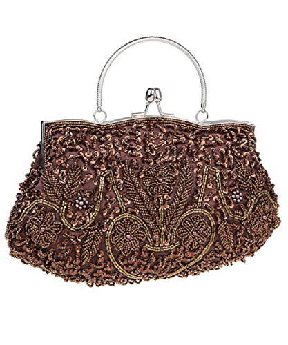 iToolai Satin Purse Evening Handbags Wedding Bag Beaded Sequins Clutch (Coffee)