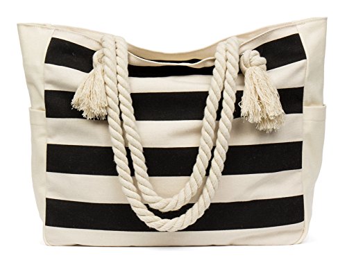 Malirona Large Beach Travel Tote Bag Canvas Shoulder Bag with Cotton Rope Handle (Black Stripes)