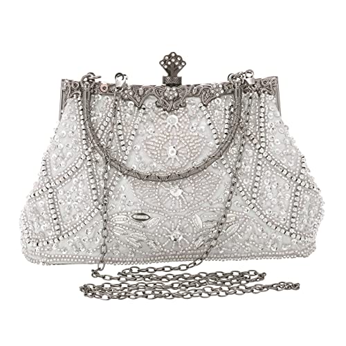AIJUN Vintage Beaded Clutch Sequin Pearl Evening Bag Satin Rhinestone Clutch Purses for Women Prom Wedding Purse,Silver Clutch