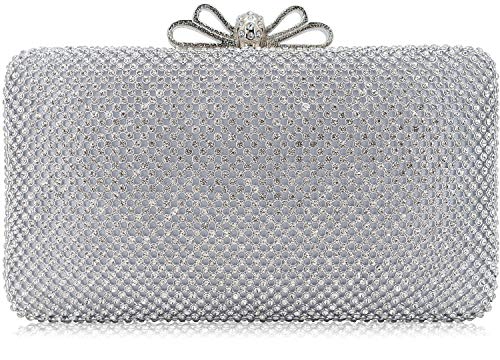 Dexmay Rhinestone Crystal Clutch Purse with Bow Clasp Evening Bag for Wedding Party Silver