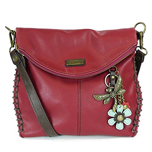 Charming Crossbody Shoulder Purse in PU Leather Dragonfly with Teal Flower Purse Charm (Burgundy DF1)