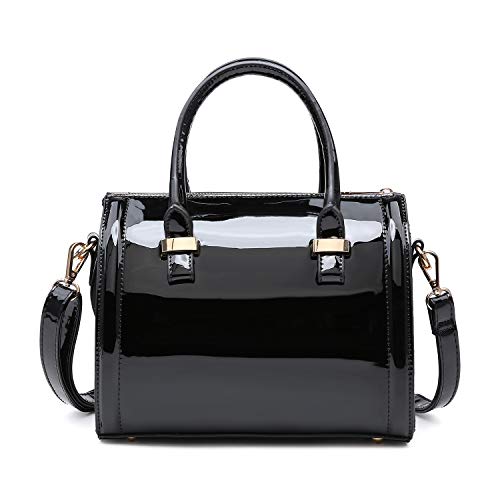 Shiny Patent Faux Leather Handbags Barrel Top Handle Purse Satchel Bag Shoulder Bag for Women(Black)