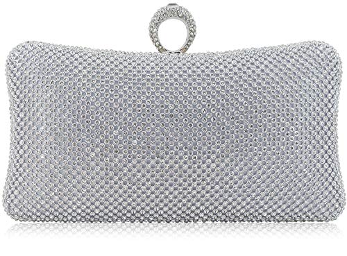 Dexmay Rhinestone Crystal Ring Clutch Purse Luxury Evening Bag for Bridal Wedding Party Silver