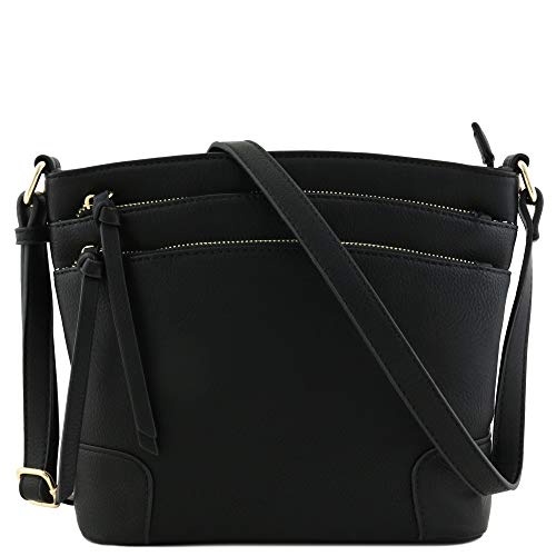 FashionPuzzle Triple Zipper Pocket Medium Crossbody Bag (Black)
