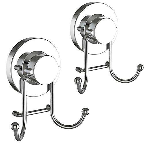 HOME SO Suction Cup Hooks for Shower, Bathroom, Kitchen, Glass Door, Mirror, Tile – Loofah, Towel, Coat, Bath Robe Hook Holder for Hanging up to 15 lbs – Rustproof Chrome Stainless Steel (2-Pack)