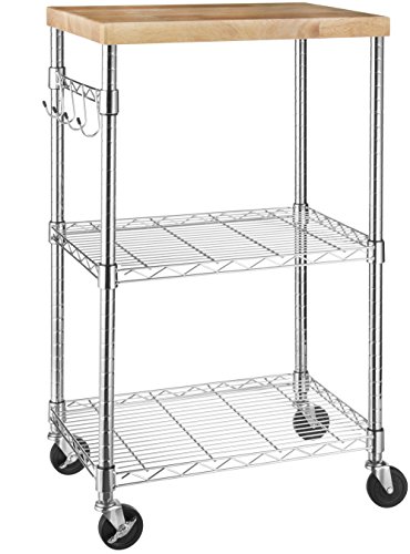 Amazon Basics Kitchen Storage Microwave Rack Cart on Caster Wheels with Adjustable Shelves, 175-Pound Capacity – Chrome/Wood