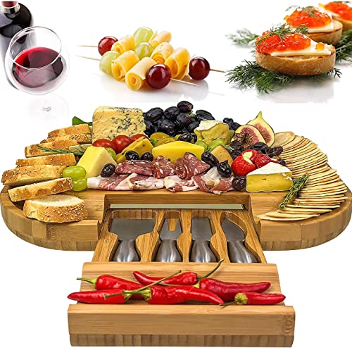Solander Skelf Large Cheese Board and Knife Set – Stylish Charcuterie Board Set, Bamboo Housewarming Gifts New Home, Birthday Gifts for Women, or Wedding Gifts for Couples