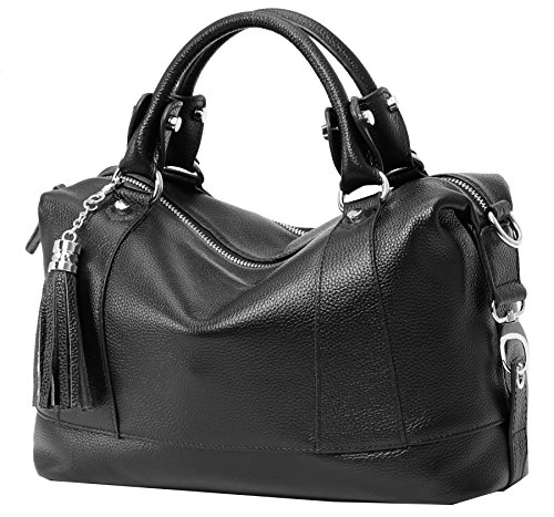 Heshe Genuine Leather Purses and Handbags for Women Tote Top Handle Bags Crossbody Bag Hobo Ladies Purse (Black)