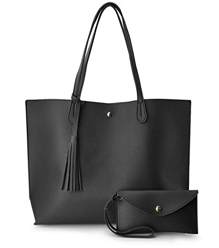 Minimalist Clean Cut Pebbled Faux Leather Tote Womens Shoulder Handbag (Black)