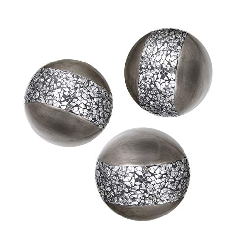 Creative Scents Schonwerk Silver Decorative Orbs for Bowls and Vases (Set of 3) Resin Sphere Balls for Living, Dining Room, Coffee Table Centerpiece Decor – Great Gift Idea (Crackled Mosaic)