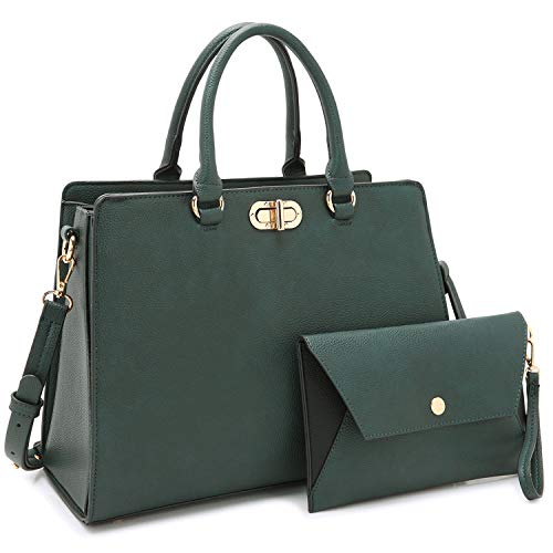 Dasein Women Handbags Fashion Satchel Purses Top Handle Tote Work Bags Shoulder Bags with Matching Clutch 2pcs Set (Peppled dark green)