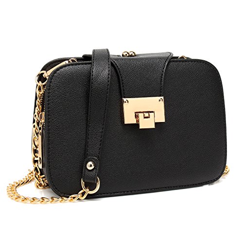 forestfish Ladies’ Black PU Leather Shoulder Bag Purse Evening Clutch Bags Crossbody Bag with long Metal Chain Strap, Black