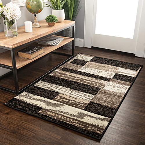 SUPERIOR Indoor Small Area Rug with Jute Backing for Kitchen, Bedroom, Dorm, Living Room, Hallway, Entryway, Perfect for Hardwood Floors – Rockwood Modern Geometric Design, 3′ X 5′, Chocolate