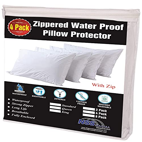 4 Pack Waterproof Pillow Protectors Standard 20×26 Inches Smooth Zipper Premium Encasement Covers Quiet Cases Set White 100% Liquid Protection