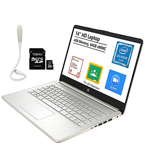 HP Stream 14″ Nontouch Laptop, Intel Celeron N4020 4GB 64GB, Windows 10 Home in S Mode, Microsoft 365 One Year Included, Online Class Ready, Pale Gold ,Bundled TSBEAU 16 GB Micro SD Card&LED Light