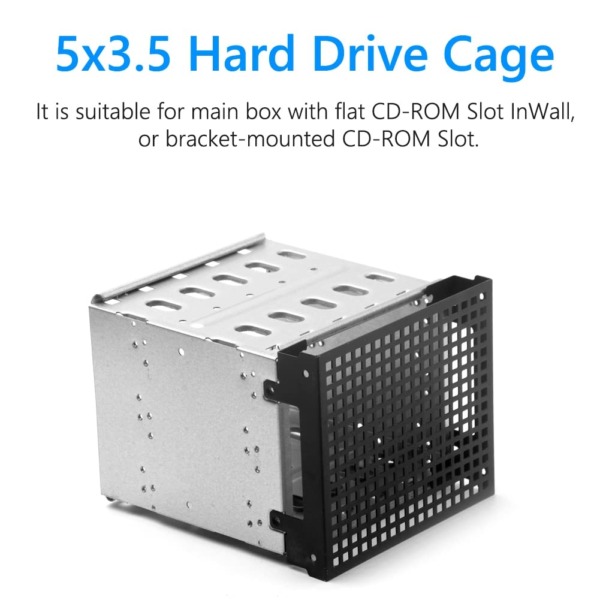 Abledance Storage Expansion Hard Drive Cage DIY Hard Drive Disk Cage Rack 5.25 Inch to 5X 3.5Inch Bracket with 12cm Fan, Silver (500239571)