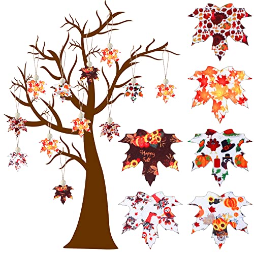 18 Pieces Thanksgiving Maple Leaf Hanging Ornaments Wood Fabric Maple Leaf Cutouts Decorations Fall Harvest Ornaments with Beads for Autumn Party Indoor Outdoor