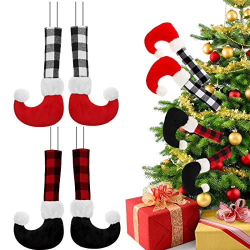 4 Pcs 12 Inches Christmas Elf Legs Pick Ornaments Black and White Elf Legs for Christmas Tree Buffalo Plaid Elf Leg with Fixed Wire Christmas Tree Hanging Decorations for Classroom School Home