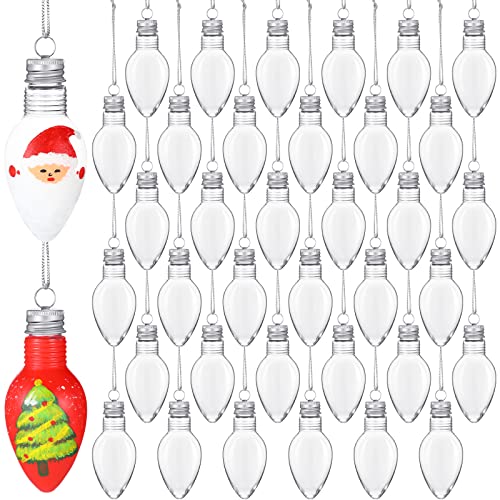 36 Pcs 4 Inch Christmas Fillable Clear Bulbs Clear Ornaments Bulb Bulk Plastic Hanging Fillable Ornaments Light Bulb Ornaments with Screw Lids and Rope for DIY Crafts Candy Home Xmas Tree Party Decor