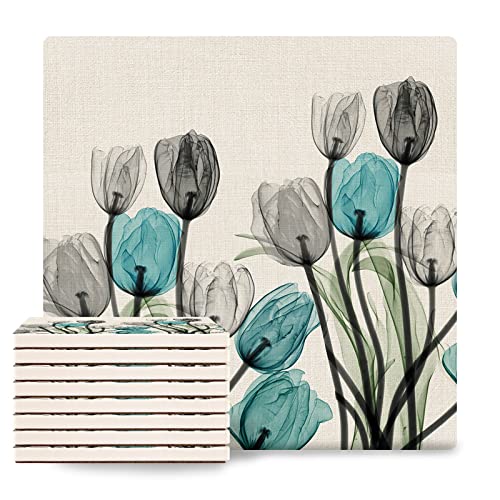 Teal and Gray Tulip Floral Coaster for Drinks, Absorbent Ceramic Coasters Cork Base Set of 8, Cup Mats 4″x4″ Rectangle Coasters for Kitchen Room Bar Decor, Watercolor Flowers Spring Summer