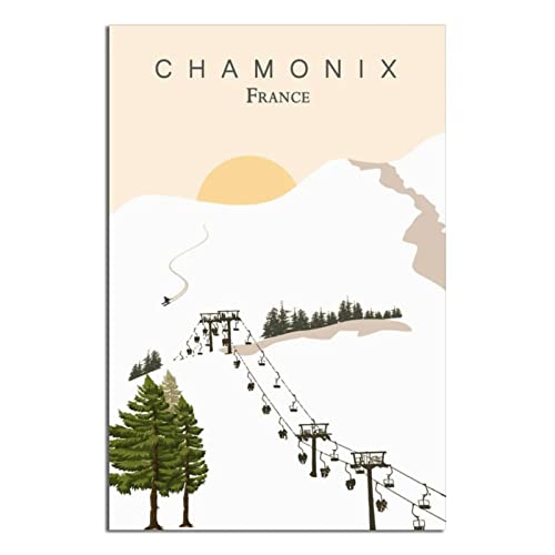 France Chamonix Vintage Travel Posters Ski Facility Canvas Wall Art Painting Posters Artwork Home Decor for Living Room Bedroom Gifts 12x18inch(30x45cm)