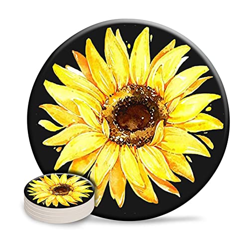 XUTAI Drink Coasters Fashion Image Custom Cute Cool Drink Coasters Ceramic Round Edge with Cork Base for Table Bar Mugs Glasses Cup Beer, 4 Pack Sets (Sunflower)