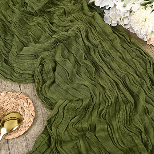 Lykoow 3 Packs Olive Green Cheesecloth Table Runner,10Ft x 35″ Dark Green Rustic Gauze Boho Wedding Table Runner Decoration, Wedding Table Decor Table Cloth for Wedding Party Bridal Shower Table