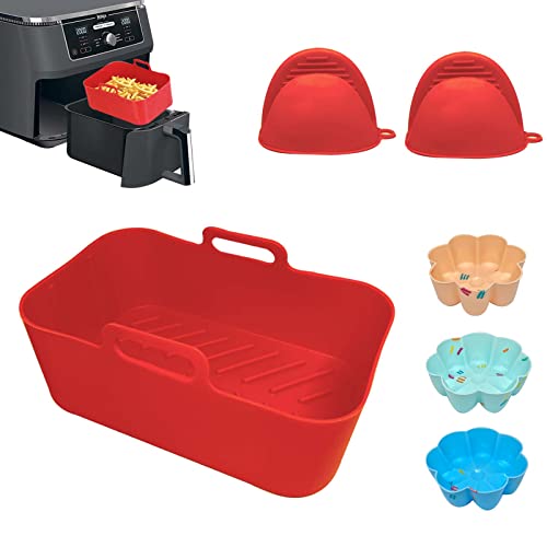 Air Fryer Silicone Pot for Ninja Foodi Dual DZ201,Rectangle Reusable Silicone Air Fryer Liner for Ninja 8 QT Air Fryer Basket,Heat Resistant Air Fryer Accessories with Gloves＆Baking Cups (Red)