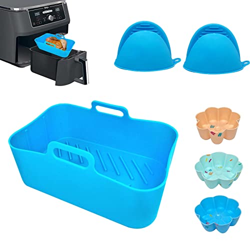 Air Fryer Silicone Liner for Ninja Foodi Dual DZ201,Rectangle Reusable Silicone Air Fryer Pot for Ninja 8 QT Air Fryer Basket,Heat Resistant Air Fryer Accessories with Gloves＆Baking Cups (Blue)