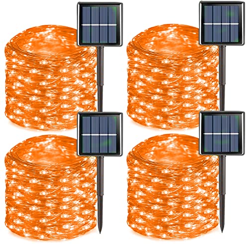 QITONG 4 Pack Orange Solar Christmas Lights, 144ft 400 LED Solar Fairy Lights Outdoor Waterproof, 8 Modes Solar Powered Christmas Twinkle Firefly Lights for Thanksgiving Xmas Outdoor Decor