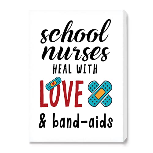School Nurses Heal with Love & band-aids Canvas Wall Art-Mental Health Positive Quote Canvas Framed Wall Art Painting Ready to Hang for School Nurse Office Décor-12 x 15 Inches