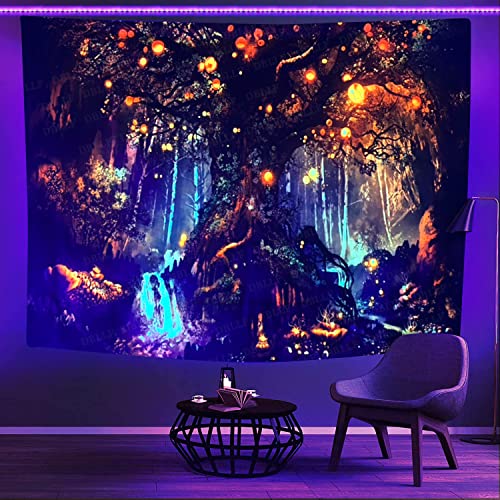 DBLLF Blacklight Fantasy Forest Tapestry UV Reactive Magical Plant Tree of Life Tapestry Popular Elves Waterfalls Stream Fairy Tales Wall Art for Living Room Dorm Home Decor Size 60″x40″ YGTZYDB26