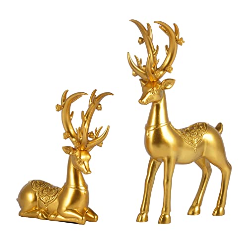 Purbert Gold Decor Set of 2 Resin Lucky Deer Sculptures for Modern Home Decor, Reindeer Decorations Indoor for Living Room,Bedroom Office and Shelf, Gift for Her Mom Wife Sister(Gold)