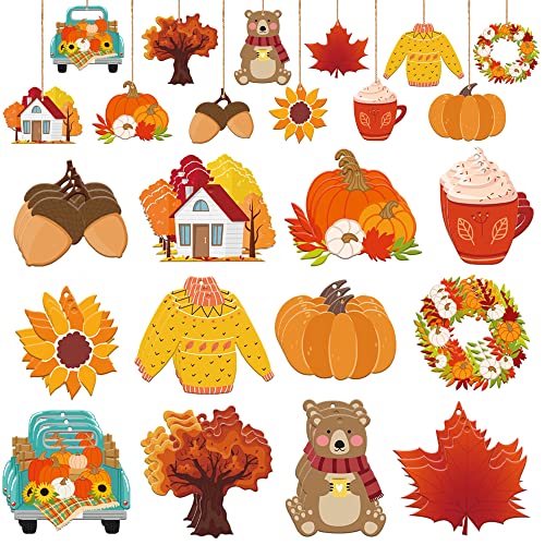 5 Inch Fall Wooden Ornaments Fall Hanging Wooden Cutouts Colorful Thanksgiving Harvest Wood Decor Pumpkin Wood Slice with Hemp Rope for Autumn Party Home Tree Hanging Decor, 36 PCS