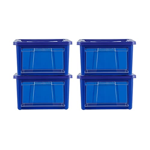 Rubbermaid Small All-Access Tote with Lids, Pack of 4, Stackable Storage Bins with Clear Drop-Down Door and Carry Handles, Closet Organization Containers, Blazer Blue