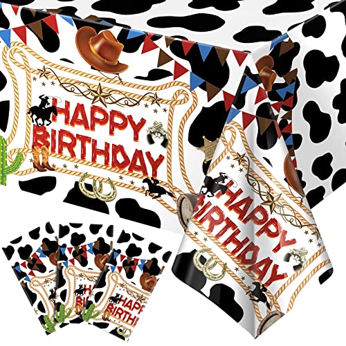 Remerry 3 Pieces Western Cowboy Birthday Tablecloth Decorations 54 x 108 Inch Rectangle Table Runner Happy Plastic Cover Farm Cow Printed Cloths for Themed Party Supplies