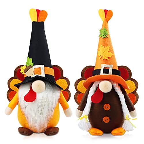 Godeufe Set of 2 Thanksgiving Gnomes Turkey Fall Decorations Gift Handmade Elf Dwarf Figurines for Home Kitchen Farmhouse Tiered Tray Holiday Festival Party Scandinavian Tomte