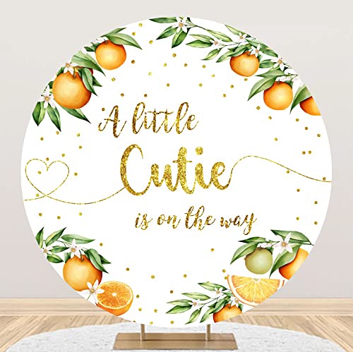 Laeacco 7.5×7.5FT Citrus Orange Baby Shower Round Backdrop Cover Polyester Little Cutie Baby Shower Party Backdrop Gold Glitter Dots A Little Cutie is on The Way Girls Baby Shower Party Photo Studio